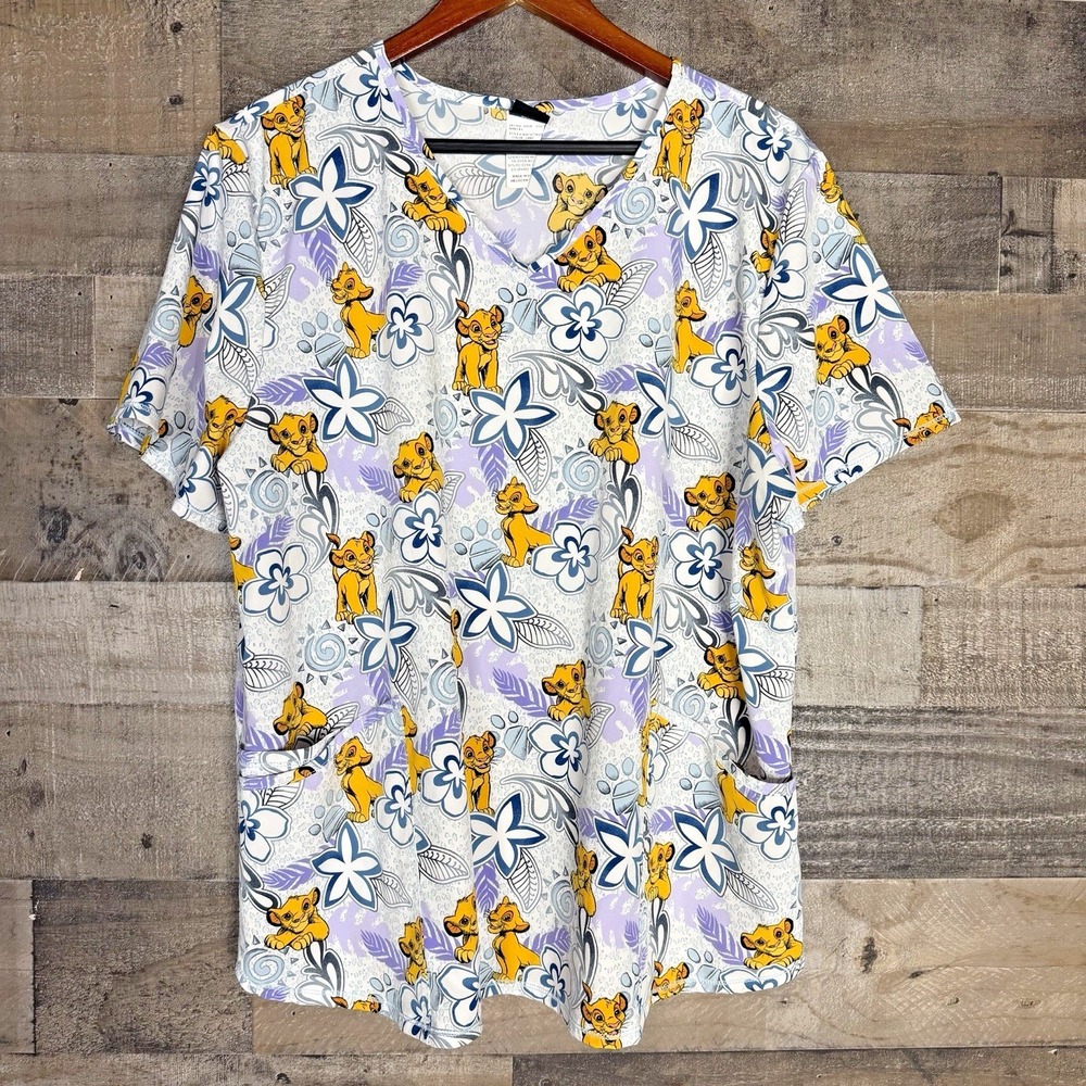 Disney Size 2X Medical Scrub Top Pockets Purple & Blue Floral Lion King‎ Simba